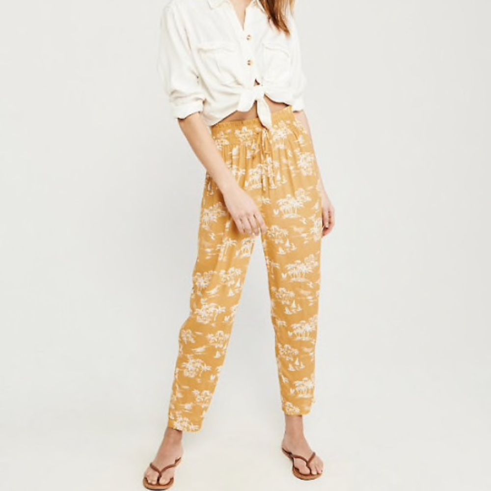 ➕ Abercrombie & Fitch A&F Smocked Waist Yellow Print Pants Sz XL